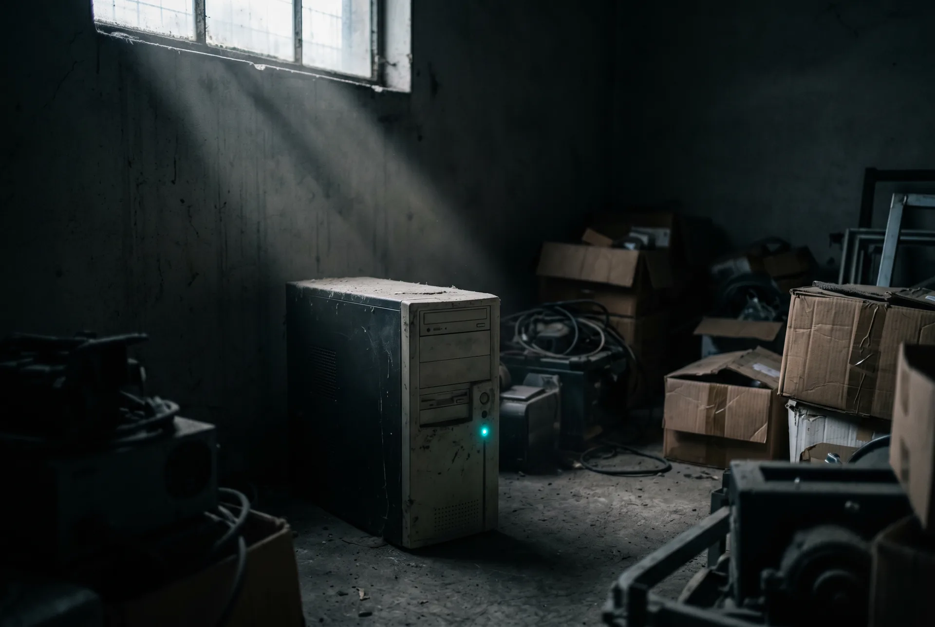 Computador antigo esquecido num depósito, coberto de poeira, com o LED de energia ainda aceso